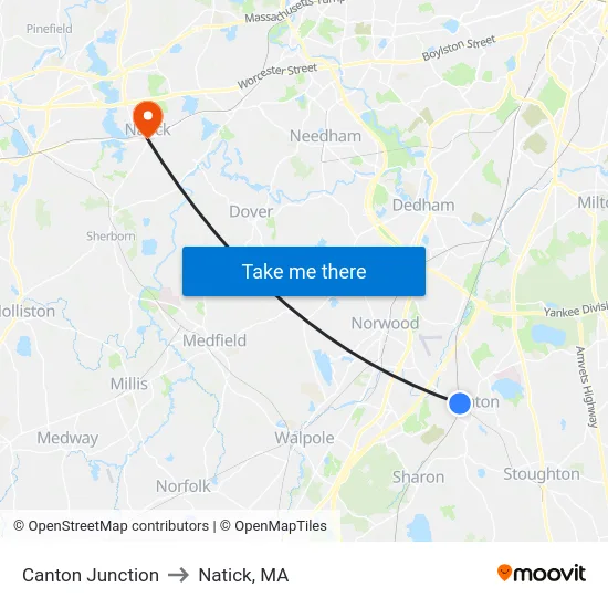 Canton Junction to Natick, MA map