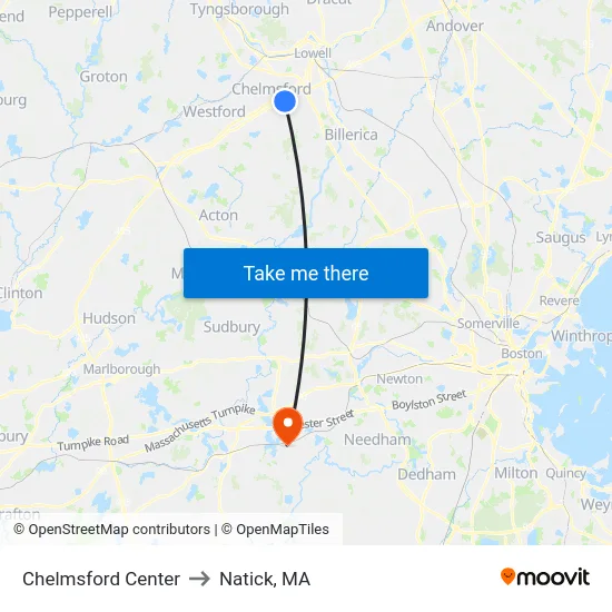 Chelmsford Center to Natick, MA map