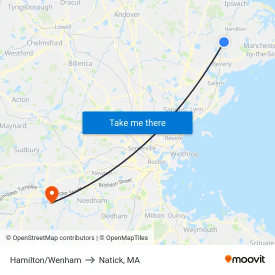 Hamilton/Wenham to Natick, MA map