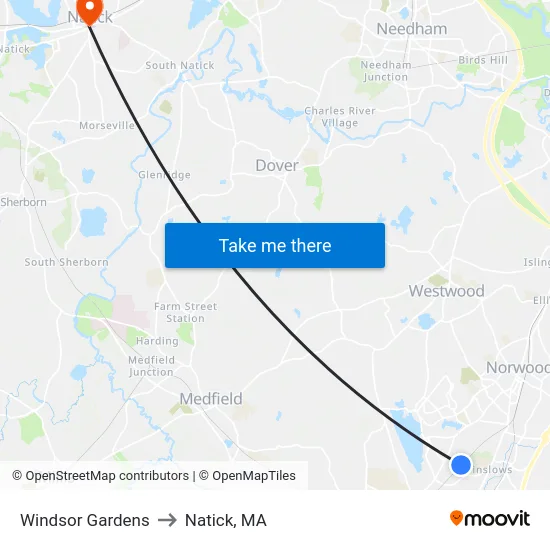 Windsor Gardens to Natick, MA map
