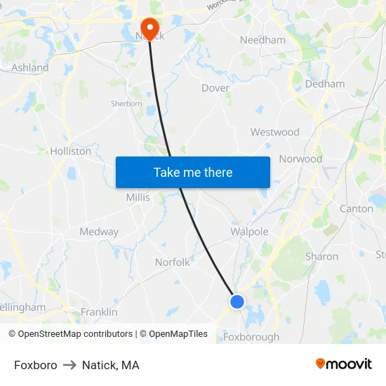 Foxboro to Natick, MA map