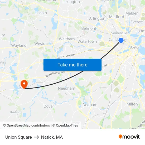 Union Square to Natick, MA map
