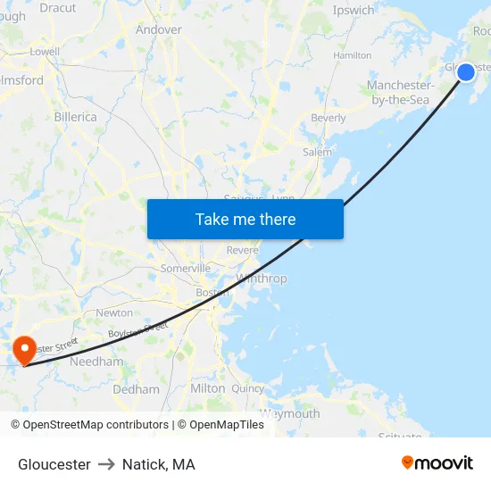 Gloucester to Natick, MA map