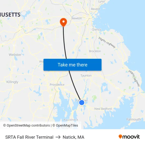 SRTA Fall River Terminal to Natick, MA map
