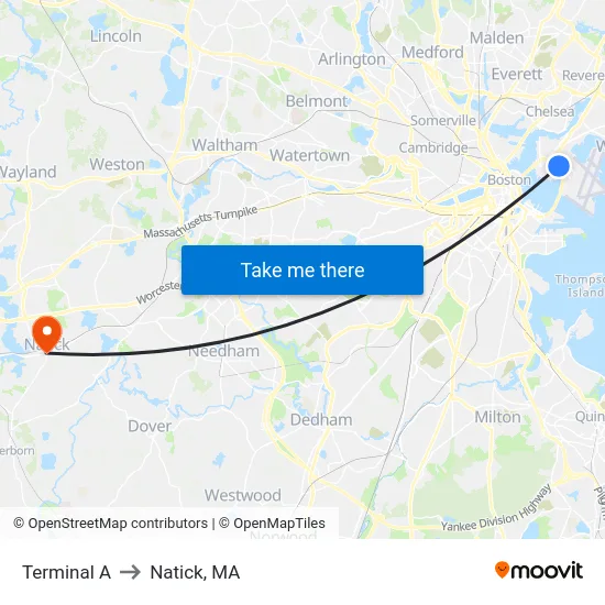 Terminal A to Natick, MA map