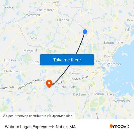 Woburn Logan Express to Natick, MA map