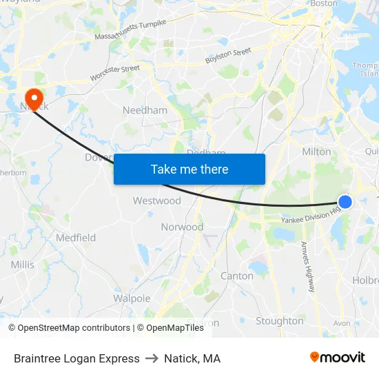 Braintree Logan Express to Natick, MA map