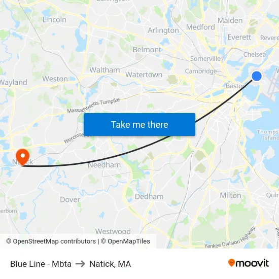 Blue Line - Mbta to Natick, MA map