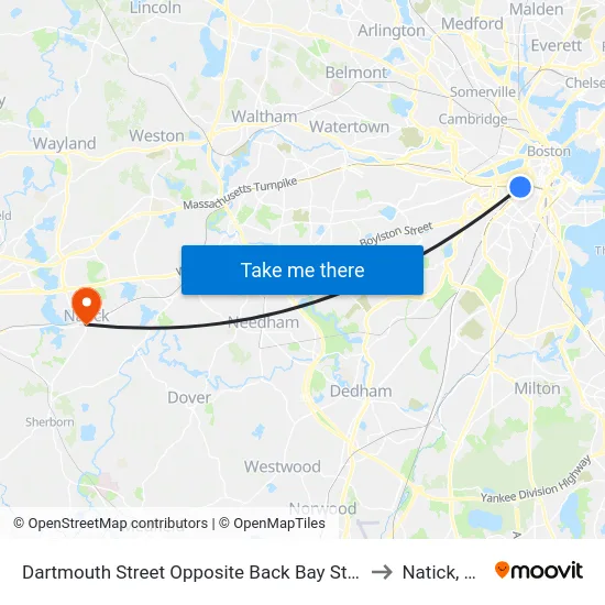 Dartmouth Street Opposite Back Bay Station to Natick, MA map