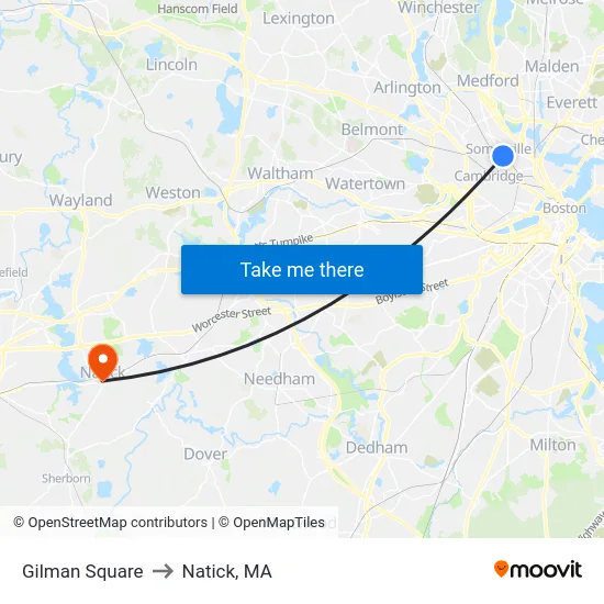 Gilman Square to Natick, MA map
