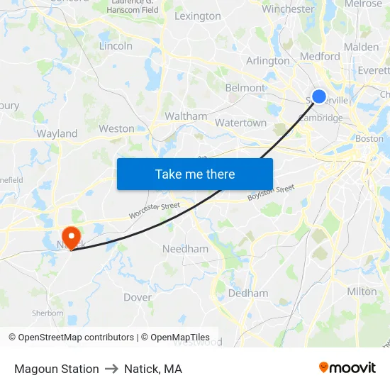 Magoun Station to Natick, MA map
