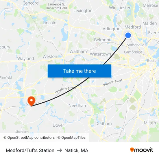 Medford/Tufts Station to Natick, MA map