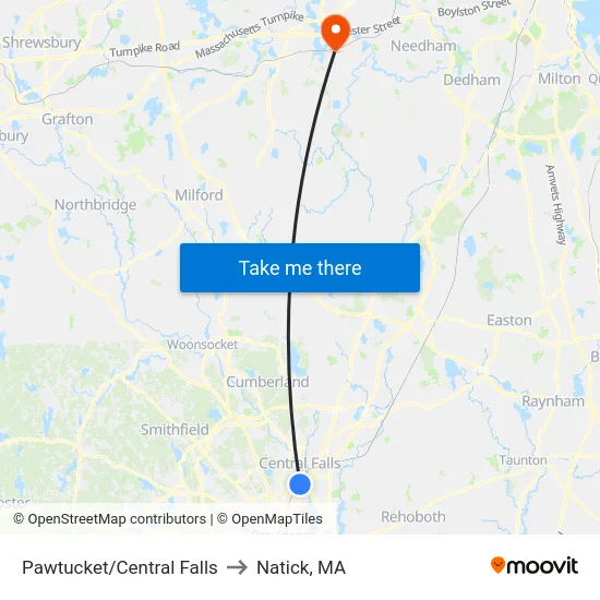 Pawtucket/Central Falls to Natick, MA map