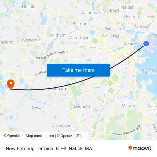 Now Entering Terminal B to Natick, MA map