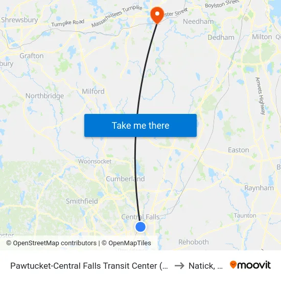 Pawtucket-Central Falls Transit Center (Stop B) to Natick, MA map