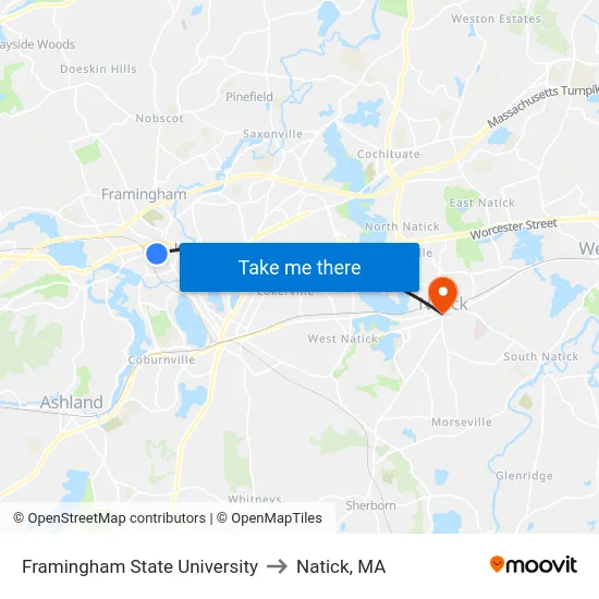 Framingham State University to Natick, MA map