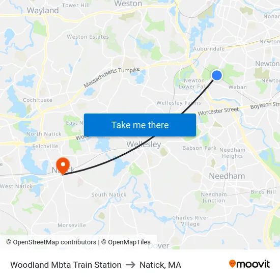 Woodland Mbta Train Station to Natick, MA map
