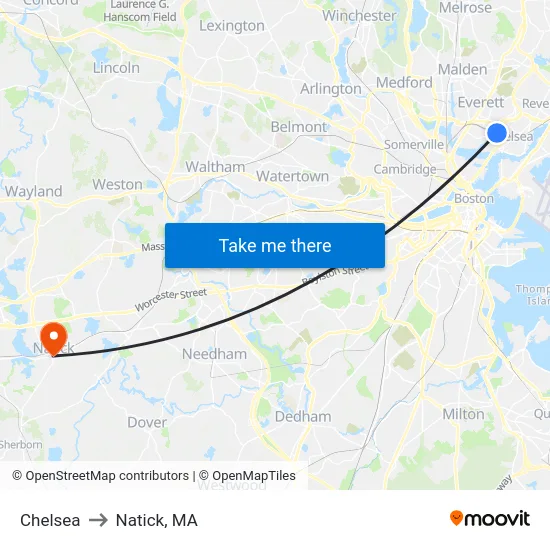 Chelsea to Natick, MA map
