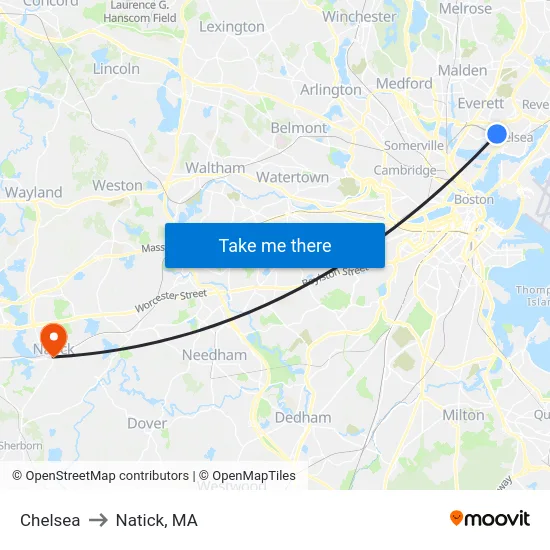 Chelsea to Natick, MA map