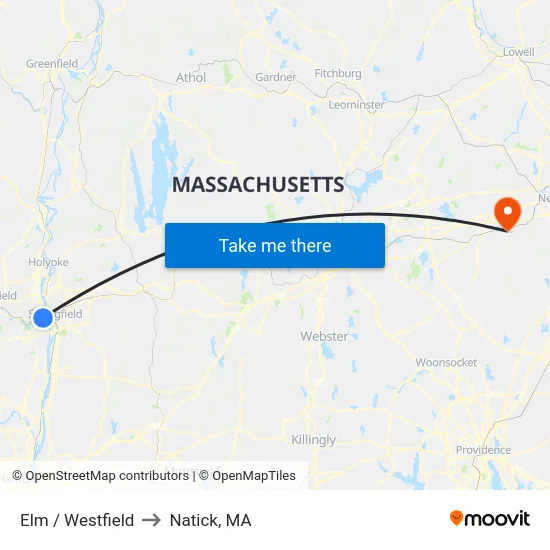 Elm / Westfield to Natick, MA map