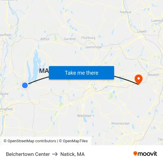 Belchertown Center to Natick, MA map