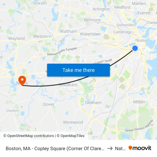 Boston, MA - Copley Square (Corner Of Clarendon St. & St. James Ave. In Front Of Trinity Church) to Natick, MA map