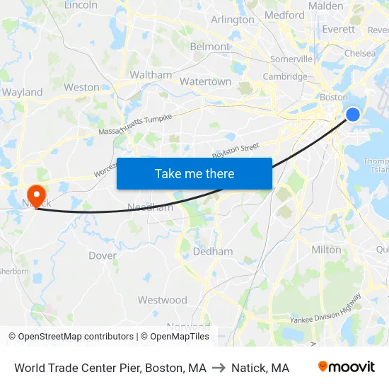 World Trade Center Pier, Boston, MA to Natick, MA map