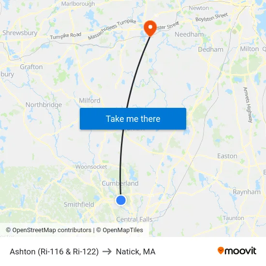 Ashton (Ri-116 & Ri-122) to Natick, MA map