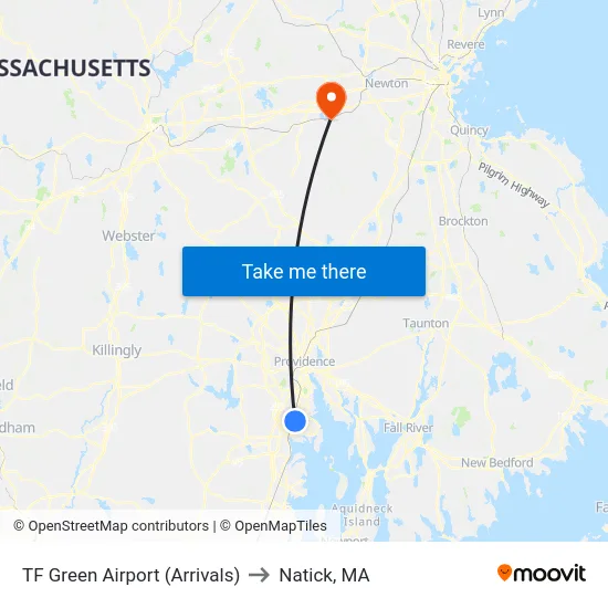 TF Green Airport (Arrivals) to Natick, MA map