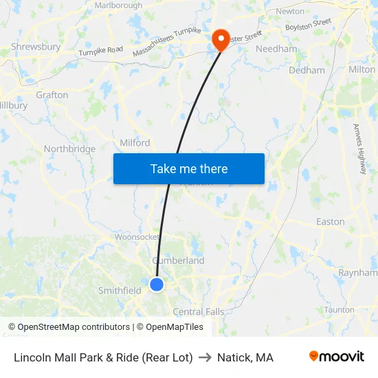 Lincoln Mall Park & Ride (Rear Lot) to Natick, MA map