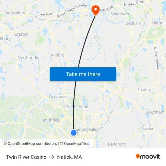 Twin River Casino to Natick, MA map