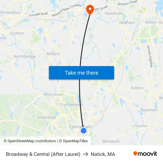 Broadway & Central (After Laurel) to Natick, MA map