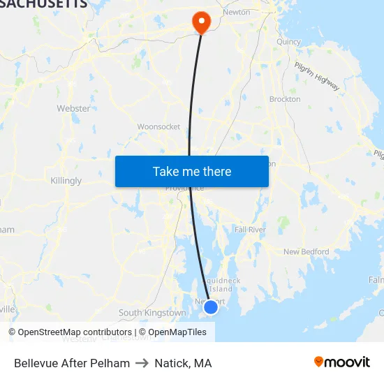 Bellevue After Pelham to Natick, MA map