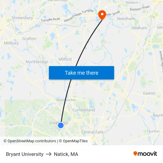 Bryant University to Natick, MA map