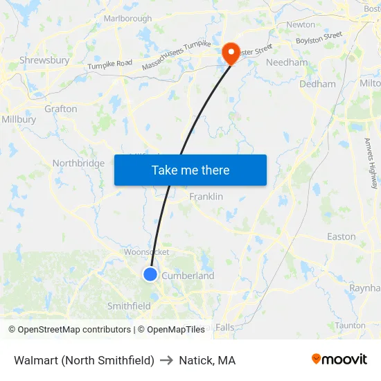 Walmart (North Smithfield) to Natick, MA map