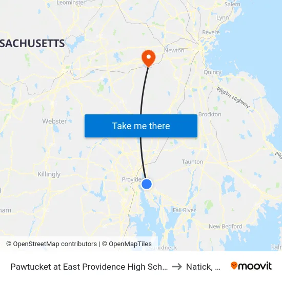 Pawtucket at East Providence High School to Natick, MA map