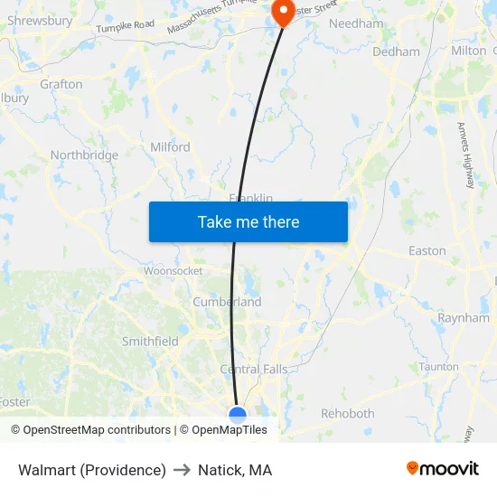 Walmart (Providence) to Natick, MA map