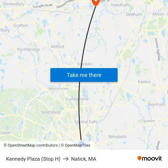 Kennedy Plaza (Stop H) to Natick, MA map