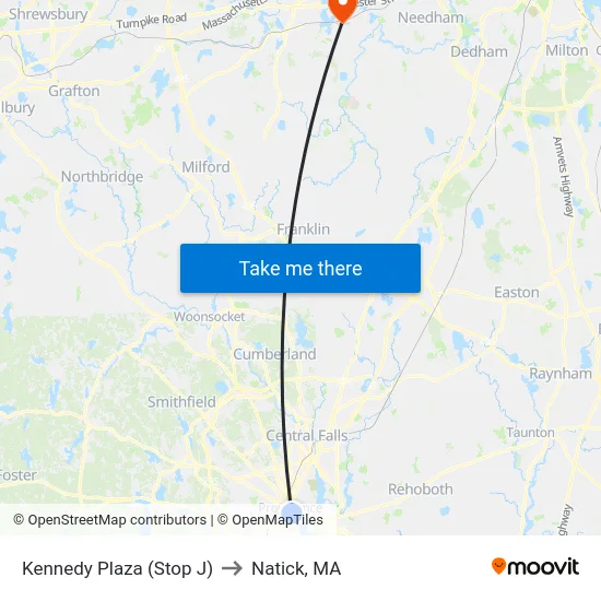 Kennedy Plaza (Stop J) to Natick, MA map