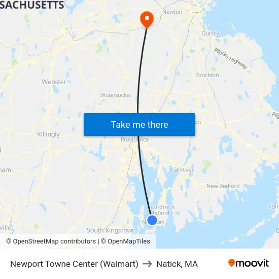 Newport Towne Center (Walmart) to Natick, MA map