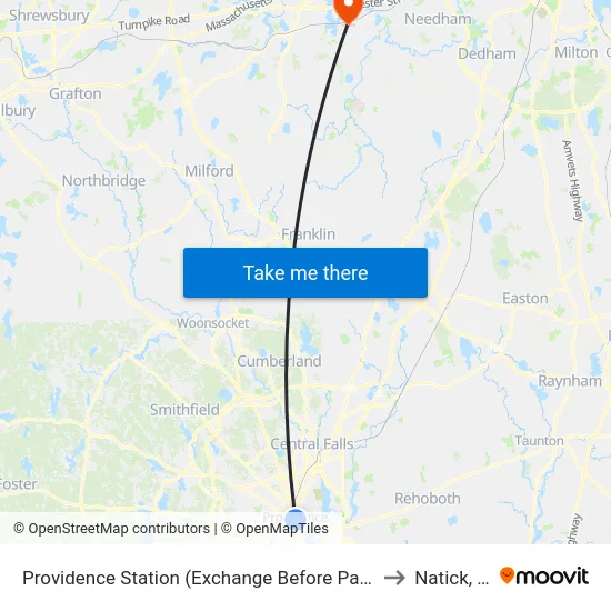 Providence Station (Exchange Before Park Row W) to Natick, MA map