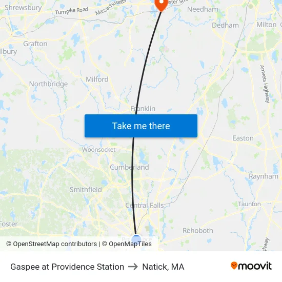 Gaspee at Providence Station to Natick, MA map