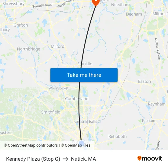 Kennedy Plaza (Stop G) to Natick, MA map