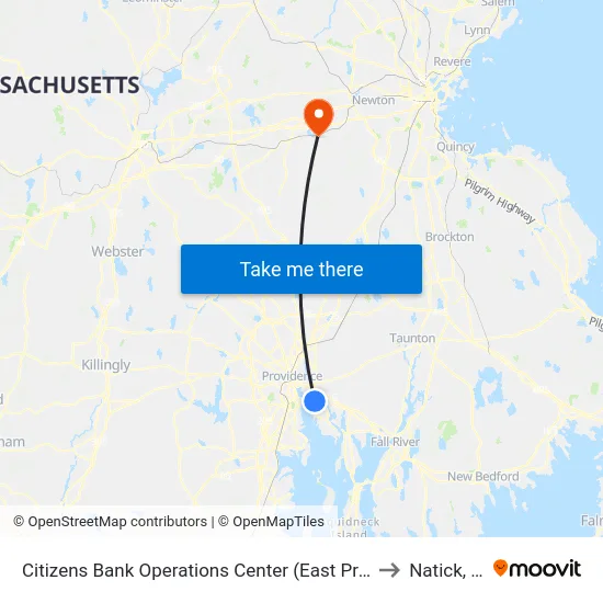 Citizens Bank Operations Center (East Providence) to Natick, MA map