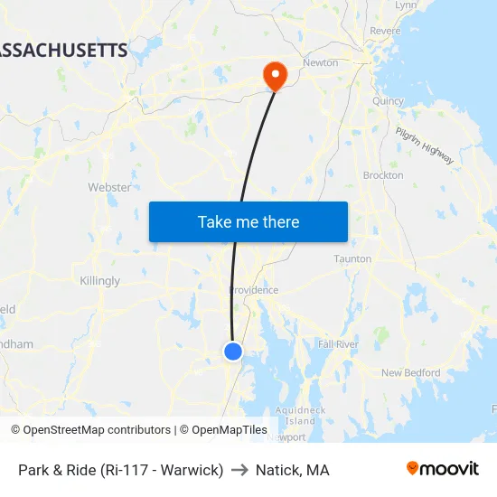 Park & Ride (Ri-117 - Warwick) to Natick, MA map