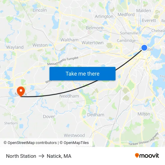 North Station to Natick, MA map