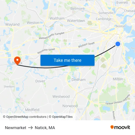 Newmarket to Natick, MA map