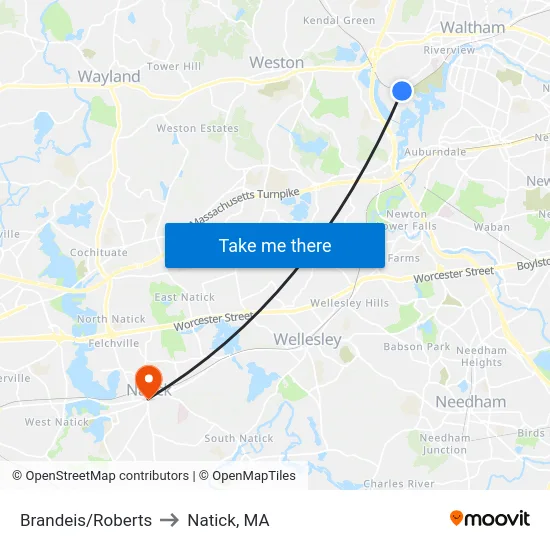 Brandeis/Roberts to Natick, MA map