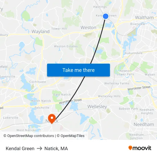 Kendal Green to Natick, MA map