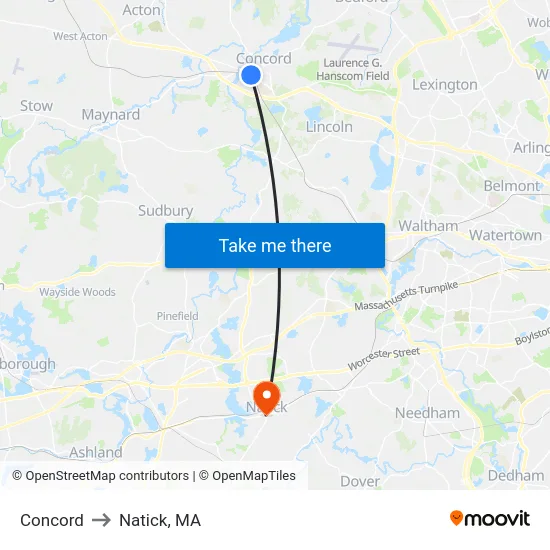 Concord to Natick, MA map
